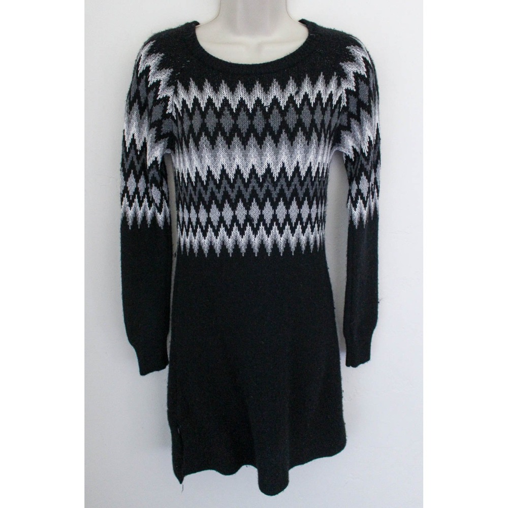 Krimson Klover Sweater Dress XS Black Zigzag Fair Isle Knit Pullover Long Sleeve